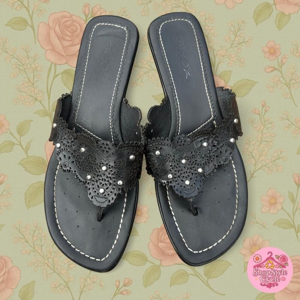 Geox Black Leather Thong Sandals – Boho Minimalist – Low Heel EU‎ 39 US 8.5/9